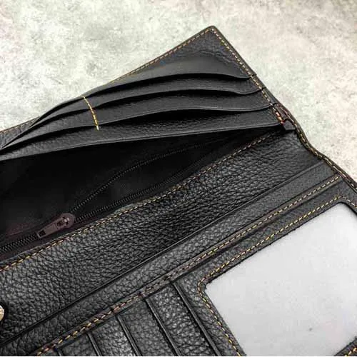 Badass Black Leather Men's Metal Star Long Biker Chain Wallet Bifold Long Wallet with Chain For Men