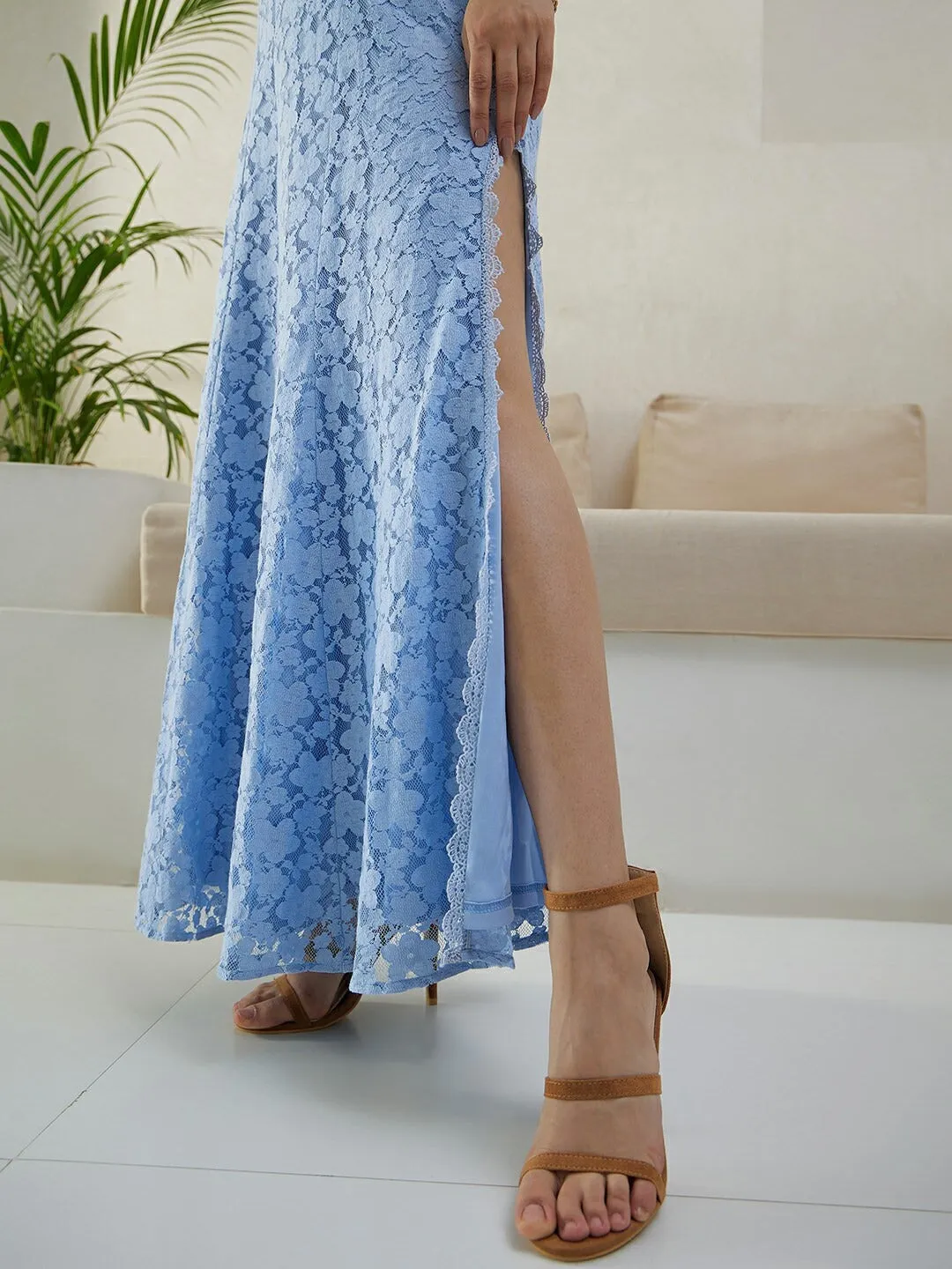 Berrylush Women Blue Self-Design Pattern Sweetheart Neck Sleeveless Cotton Thigh-High Slit Flared Maxi Dress