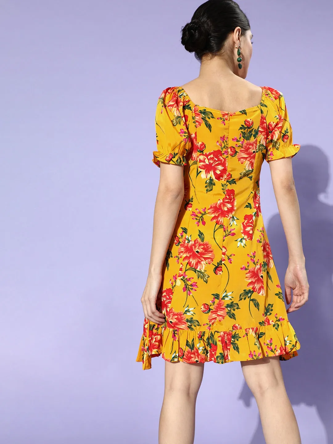 Berrylush Women Bright Yellow Floral Printed Sweetheart-Neck A-Line Mini Dress