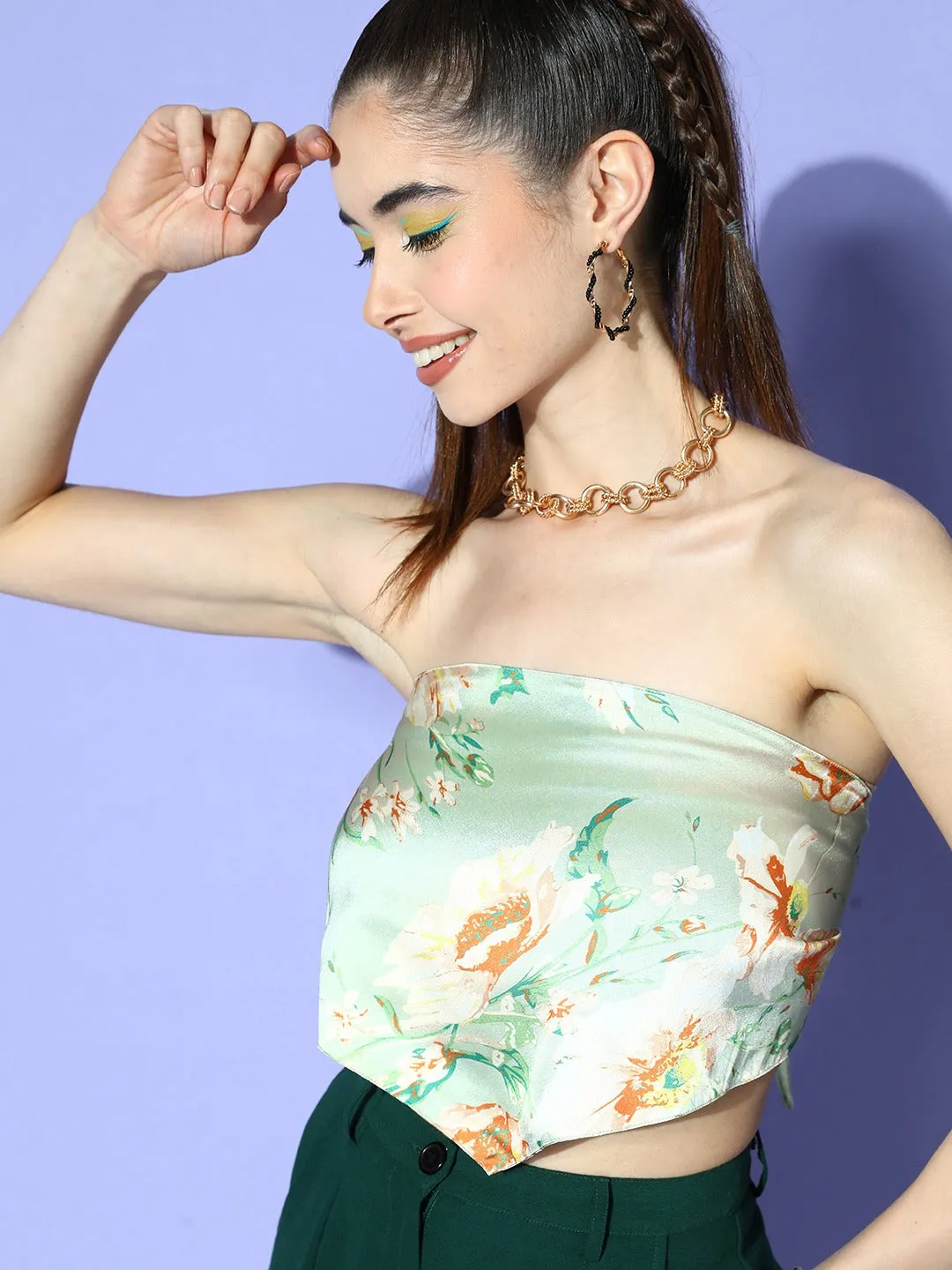 Berrylush Women Green & Yellow Floral Printed Strapless Neck Stain Tie-Up Back Crop Tube Top