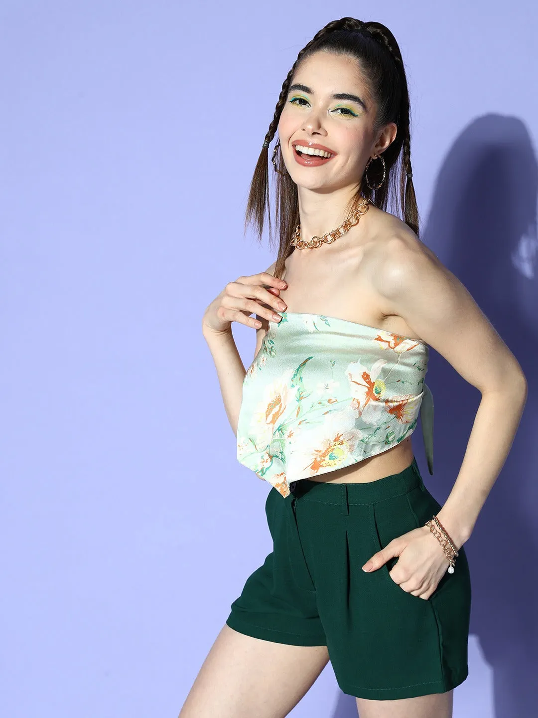 Berrylush Women Green & Yellow Floral Printed Strapless Neck Stain Tie-Up Back Crop Tube Top