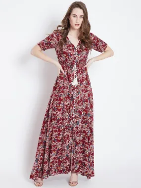 Berrylush Women Maroon & White Floral Printed V-Neck Thigh-High Slit Smocked Maxi Dress