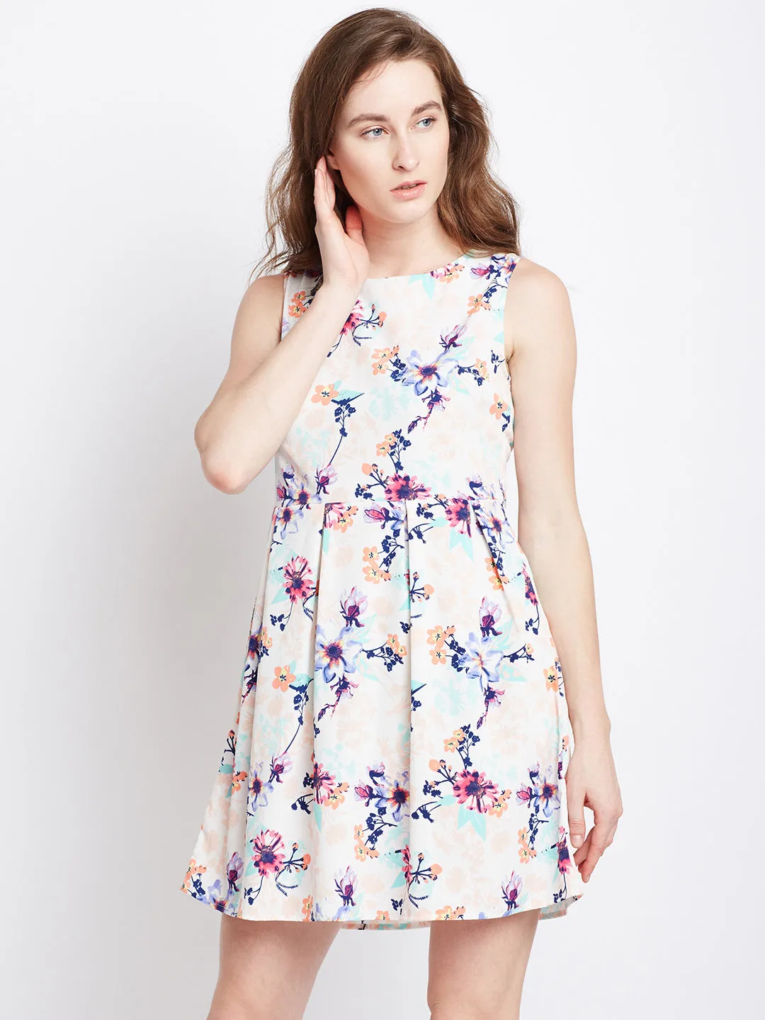 Berrylush Women Off-White & Blue Floral Printed Round Neck Flared Fit & Flare Mini Dress