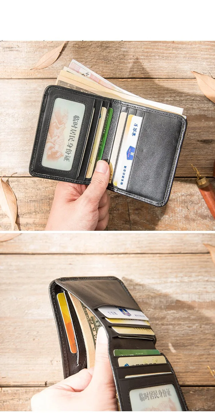 Black Cool Leather Mens Small Wallet billfold Wallet Bifold Vintage SLim Wallet for Men