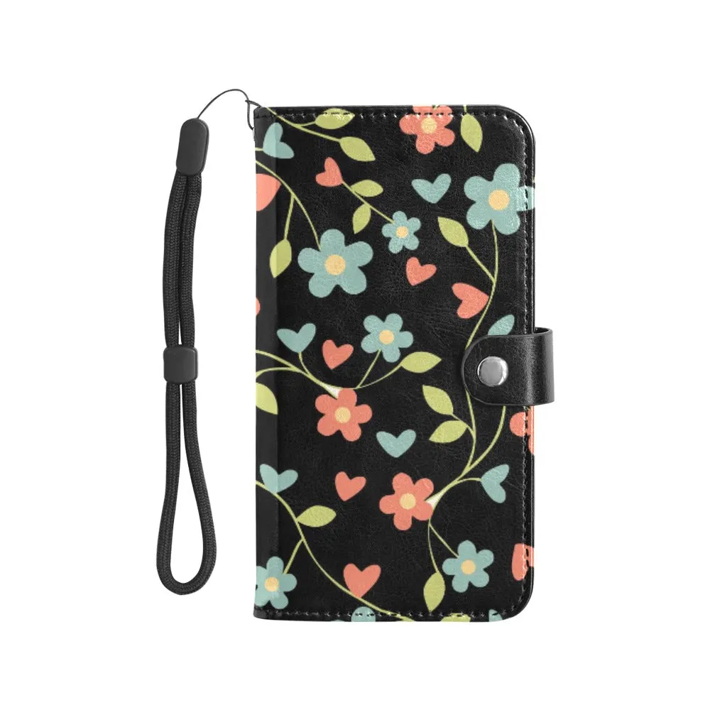 Black Floral Flip Leather Purse for Mobile Phone