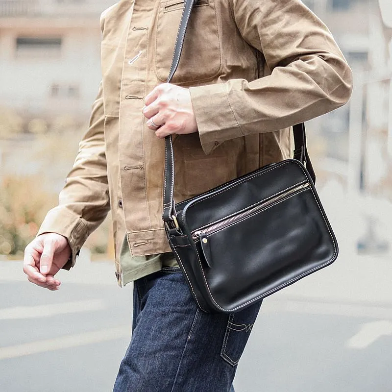 Black Leather Mens Casual Small Courier Bags Messenger Bag Coffee Brown Postman Bag For Men