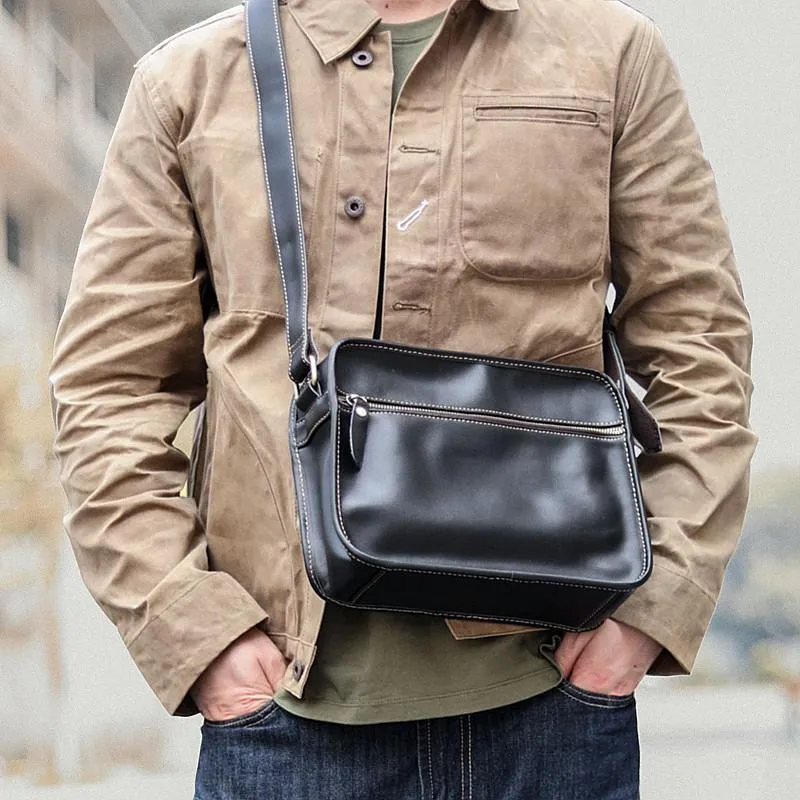 Black Leather Mens Casual Small Courier Bags Messenger Bag Coffee Brown Postman Bag For Men