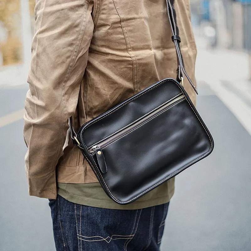 Black Leather Mens Casual Small Courier Bags Messenger Bag Coffee Brown Postman Bag For Men