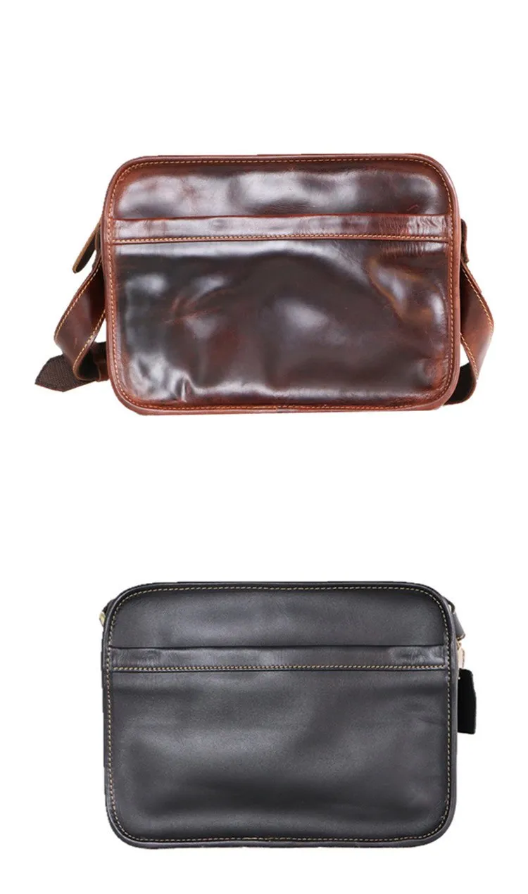 Black Leather Mens Casual Small Courier Bags Messenger Bag Coffee Brown Postman Bag For Men