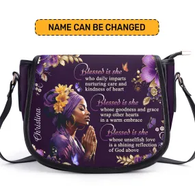 Blessed Is She Personalized Leather Saddle Bag - Christian Women's Handbags