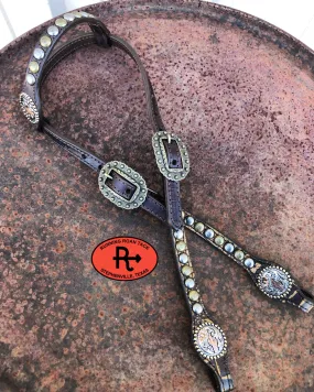 Bronze Croc Standard Size Headstall with Multicolor Dots and Tricolor Sheridan Cactus Conchos