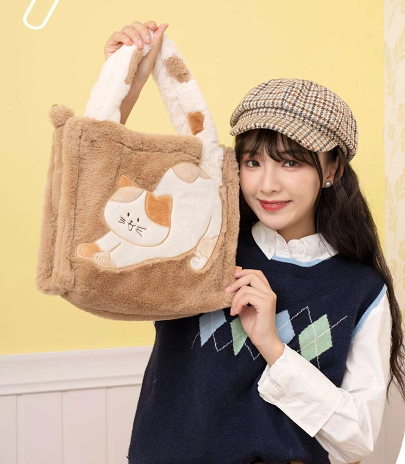 Calico Cat Brown Autumn Fall Girl Cute Plush Doll Shoulder Messenger Tote Bag