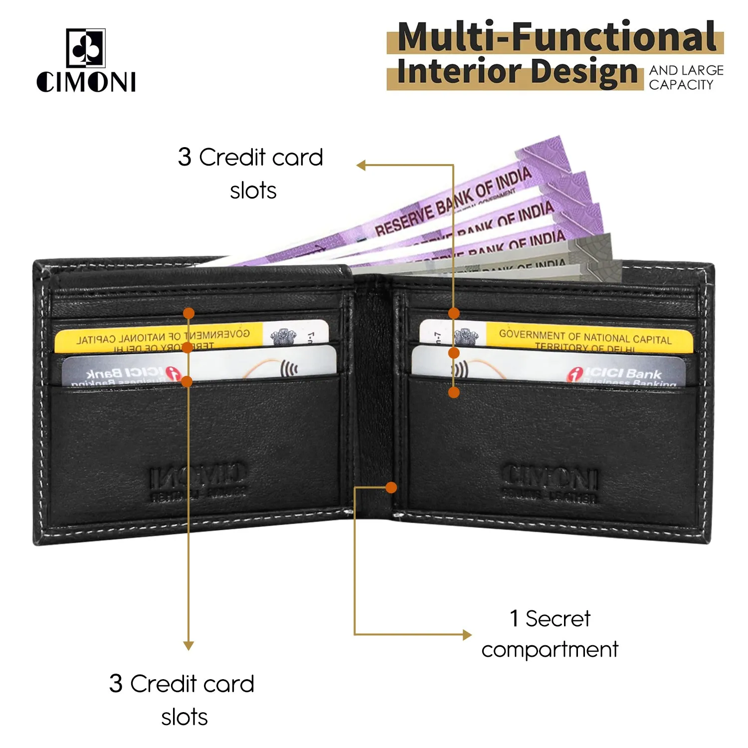 CIMONI® Premium Genuine Leather Wallet for Men Casual Wallet with RFID Protection 6 Card 1 Id Slots Slim Elegant Design Wallet (Color - Black)