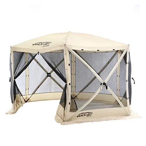 CLAM Quick-Set Escape 11.5 x 11.5 Foot Portable Pop-Up Outdoor Camping Gazebo Screen Tent 6 Sided Canopy Shelter with Ground Stakes & Carry Bag, Tan