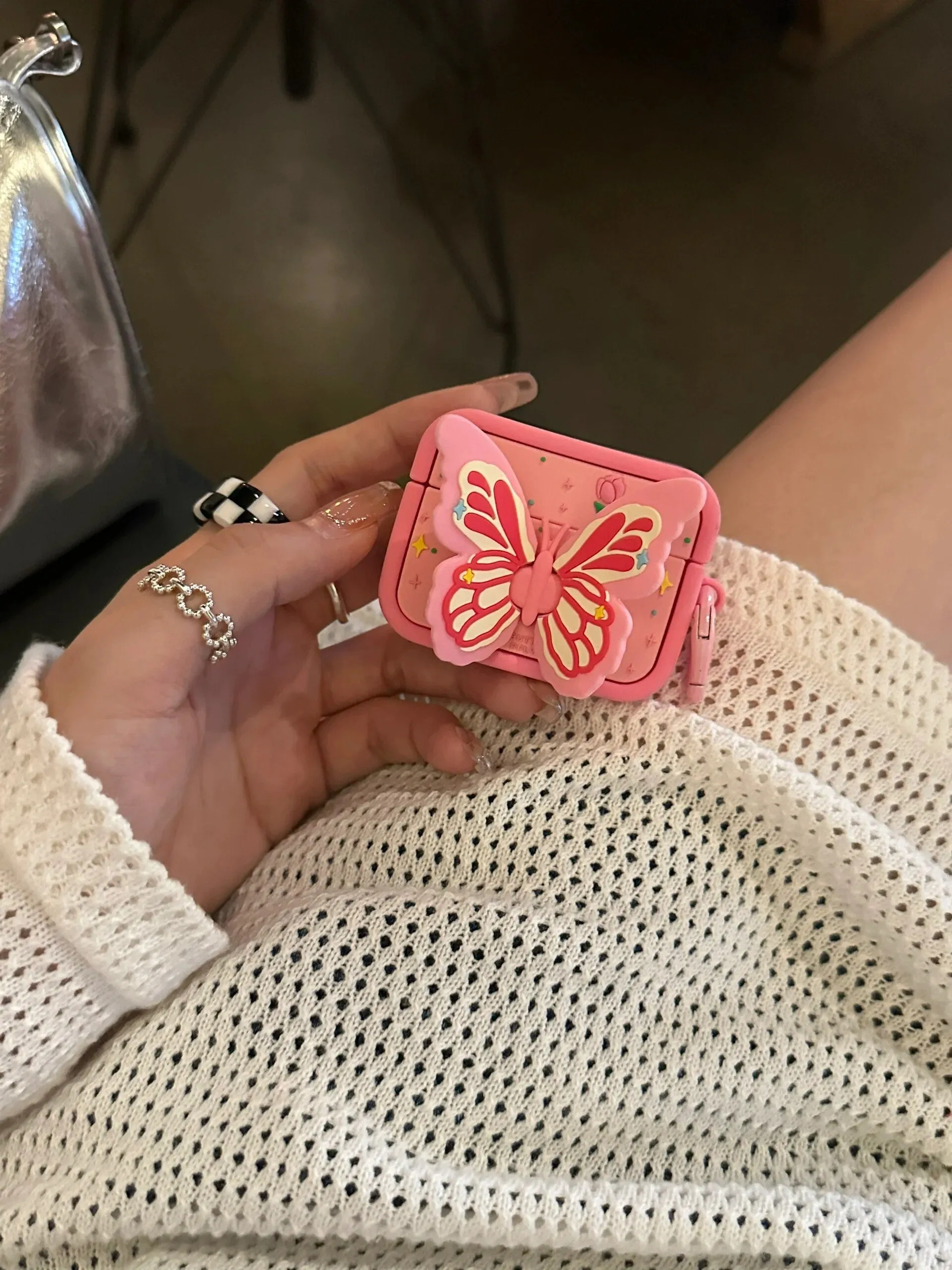 Cute Pink Foldable Butterfly Wings Stand Design Protective Cover AirPods Case   Beads Strap for AirPods 1 2 3 Pro 2 Generation Shockproof