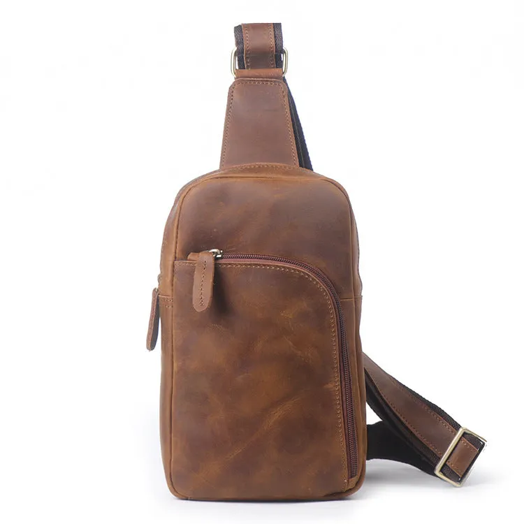 Full Grain Leather Sling Bag Retro Chest Bag Mens Shoulder Crossbody Bag