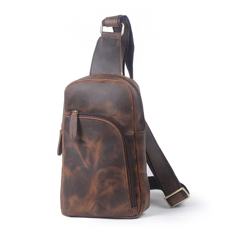 Full Grain Leather Sling Bag Retro Chest Bag Mens Shoulder Crossbody Bag