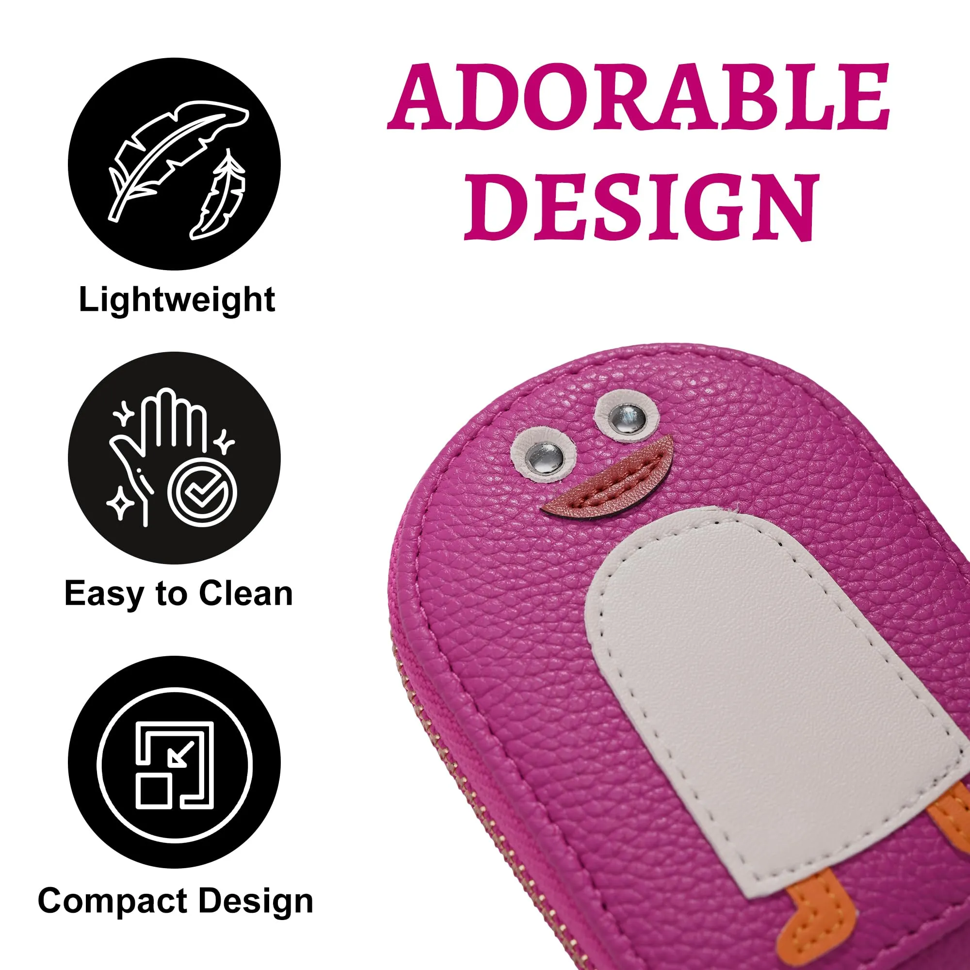 Kuber Industries Penguins PU Credit Card Case Holder Purse, Coin Pocket Wallet for Women with Zip | Portable Cute Mini Wallet for Girls | Hand Wallet for College Girls | KS-3, Fuschia