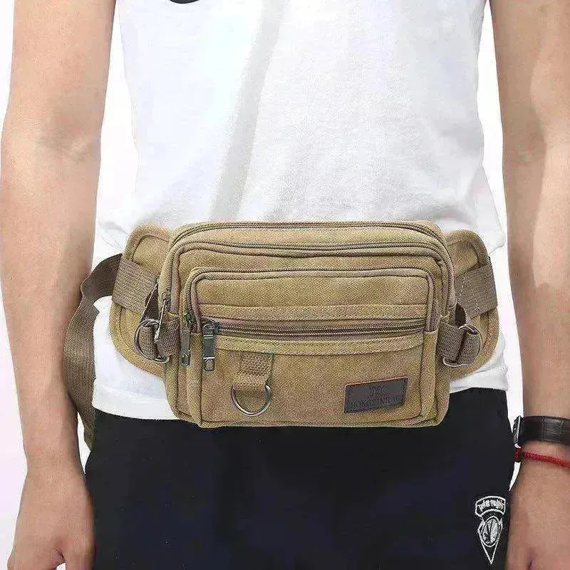 Men Canvas Fanny Pack With 4 Zipper Pockets Waist Bag