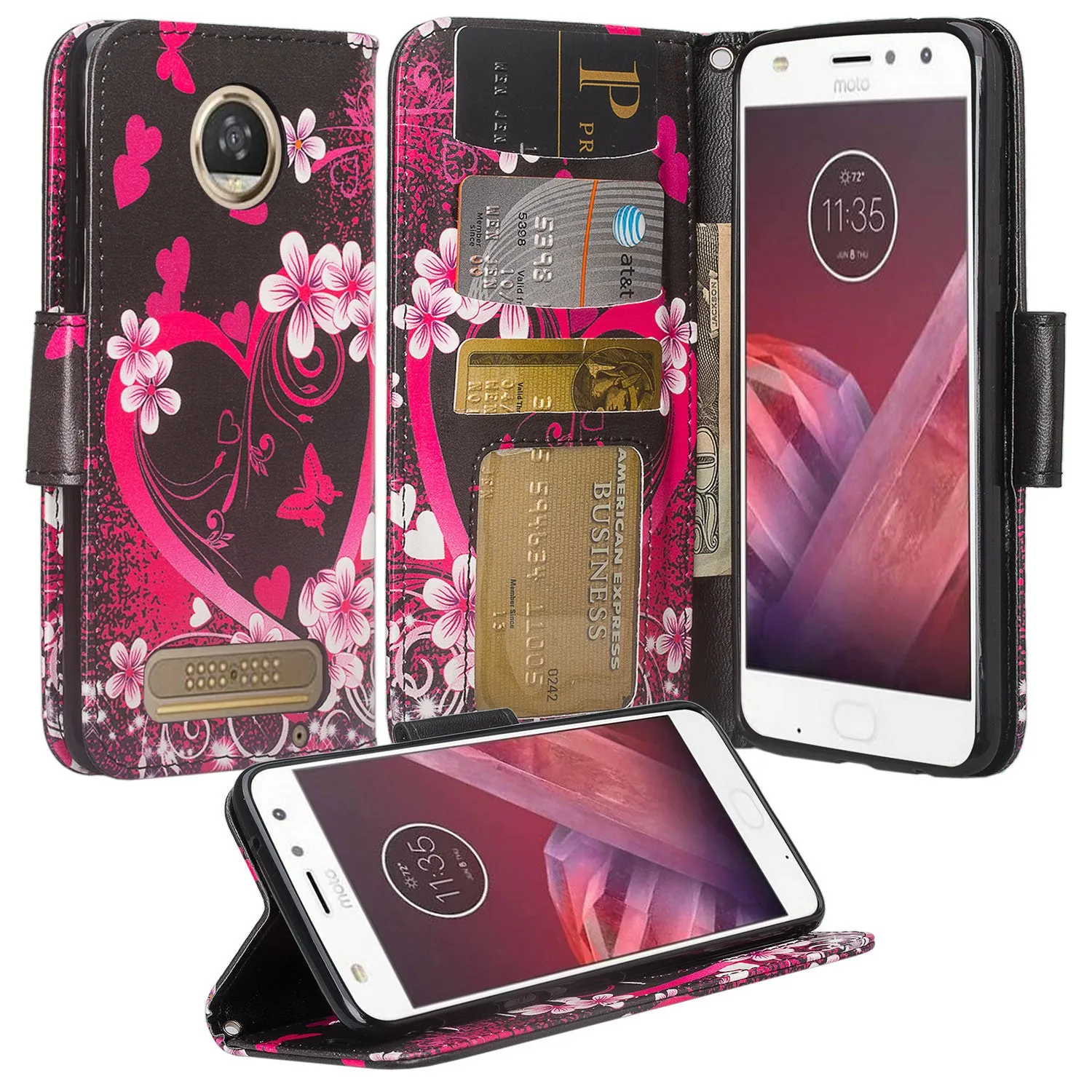 Motorola Moto Z2 Play Case, Moto Z2 Play Wallet Case, Slim Flip Folio [Kickstand] Pu Leather Wallet Case with ID & Card Slots & Pocket   Wrist Strap - Heart Butterflies