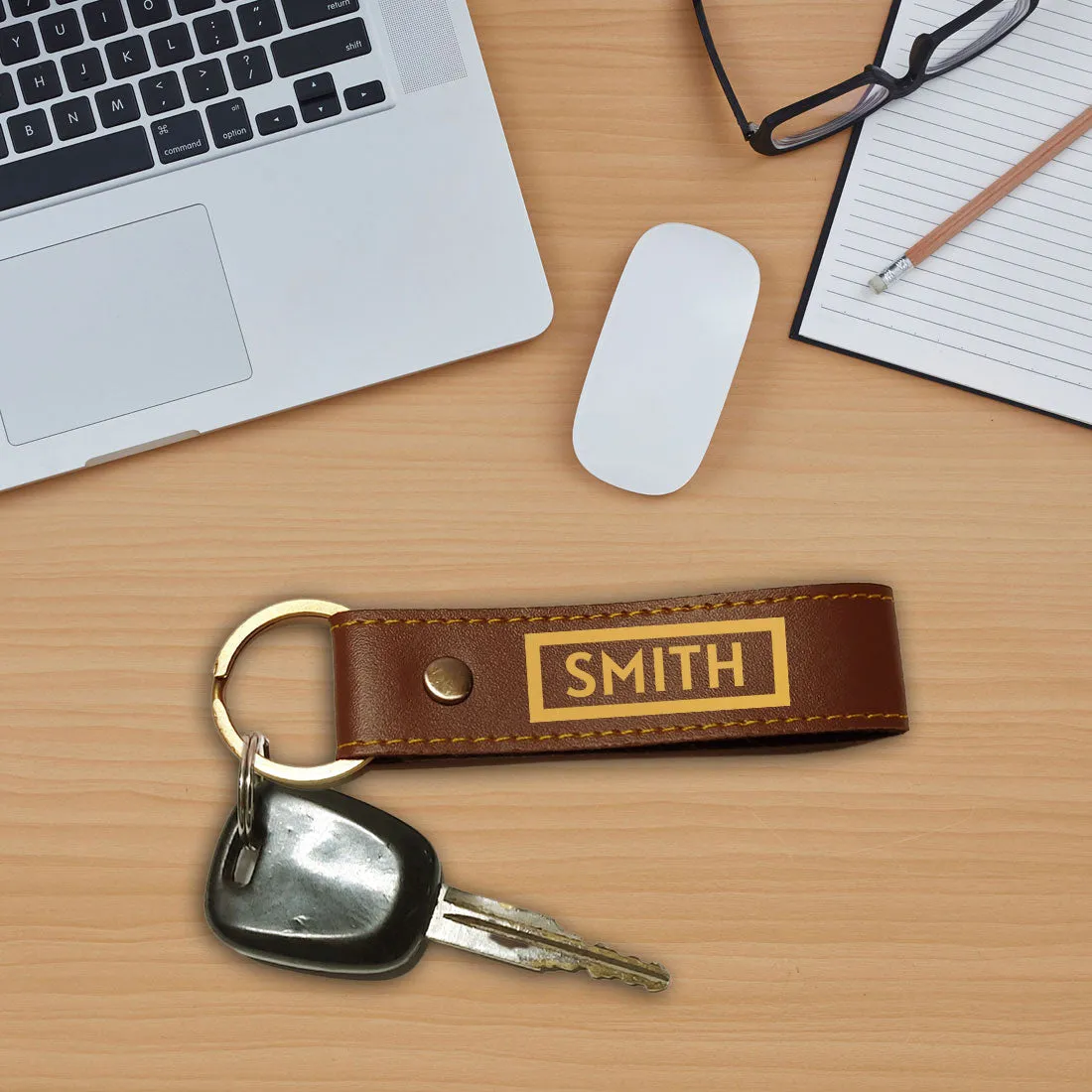 Personalised Vegan Leather Key Chain with Name Gifts for Men - Box Name