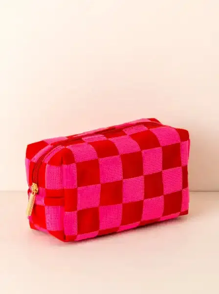 Pink & Red Check Sparkle Cosmetics Bag