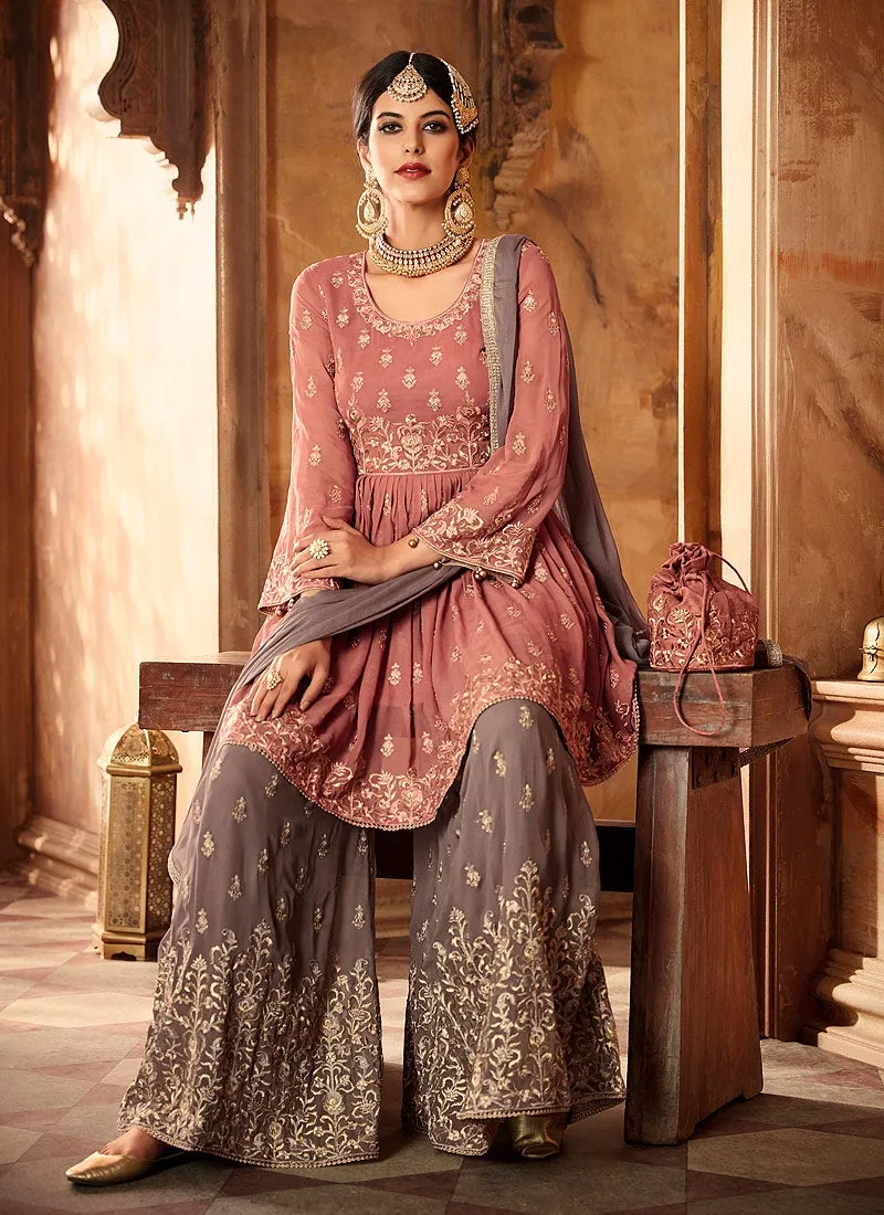 Pink Blush With Mauve Embroidered Peplum Style Gharara Suit