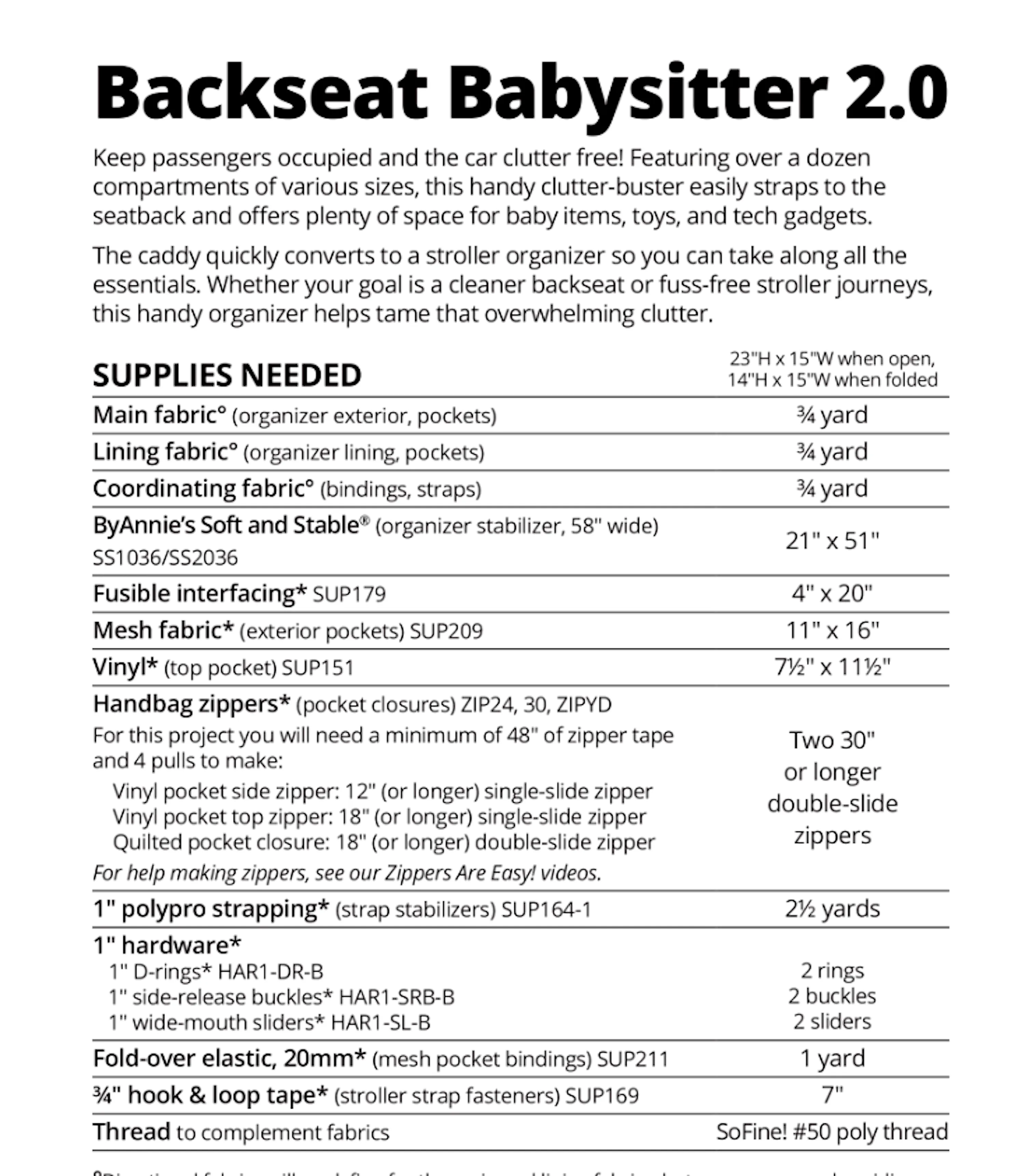 Sewing Pattern Quilted Backseat Babysitter 2.0 Newest Version ByAnnie Sewing Level 4 & Up -Pls Read Description