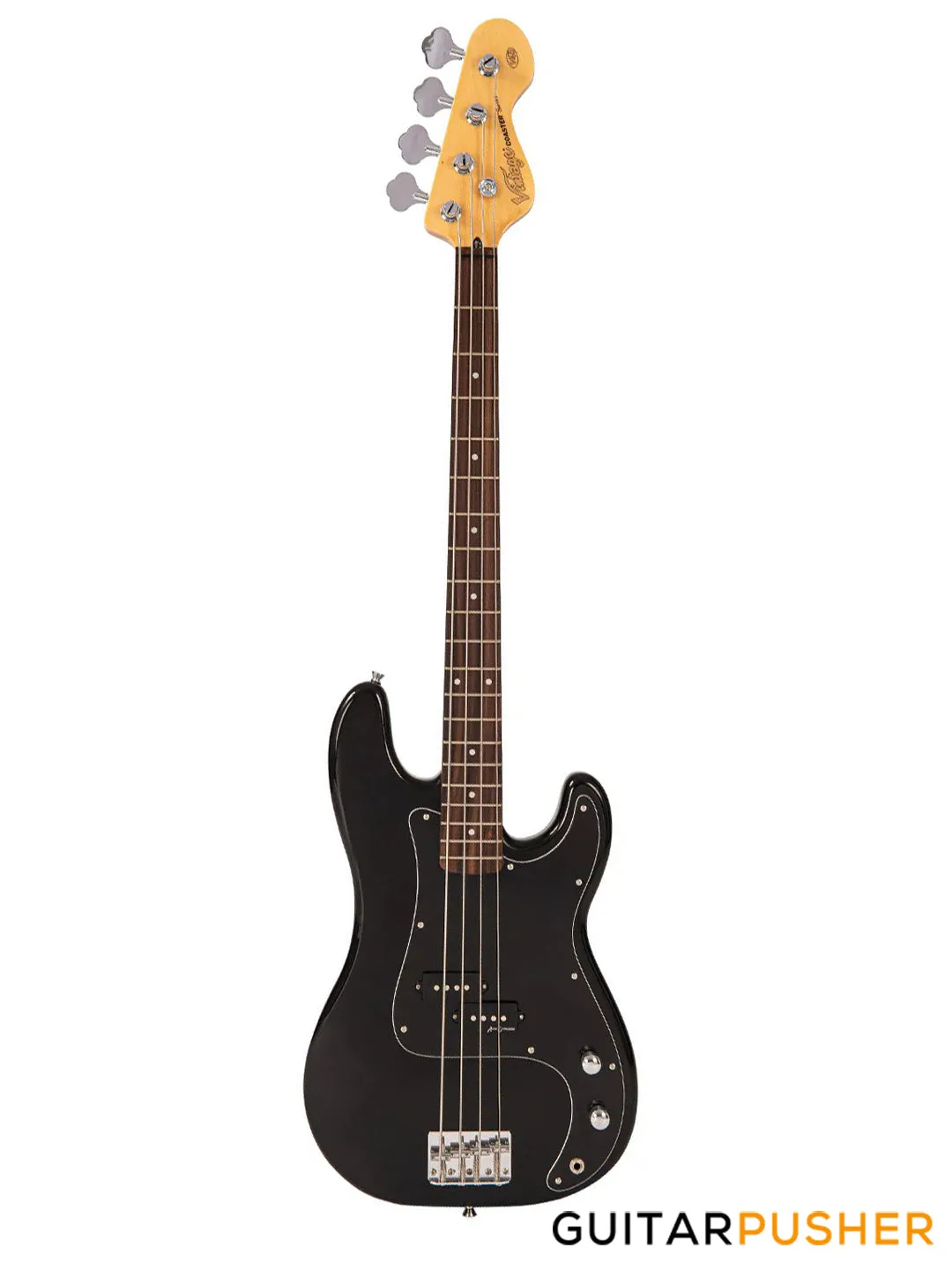 Vintage Coaster Series V40 4-String PB Bass w/ Kinsman 10-Watt Bass Amplifier, Gig Bag, & Accessories - Boulevard Black