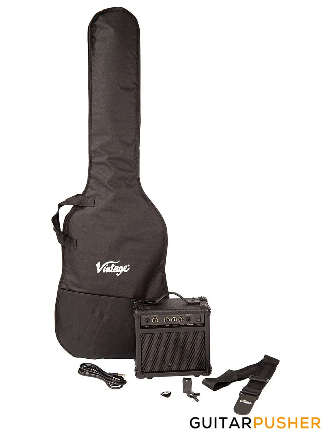 Vintage Coaster Series V40 4-String PB Bass w/ Kinsman 10-Watt Bass Amplifier, Gig Bag, & Accessories - Boulevard Black