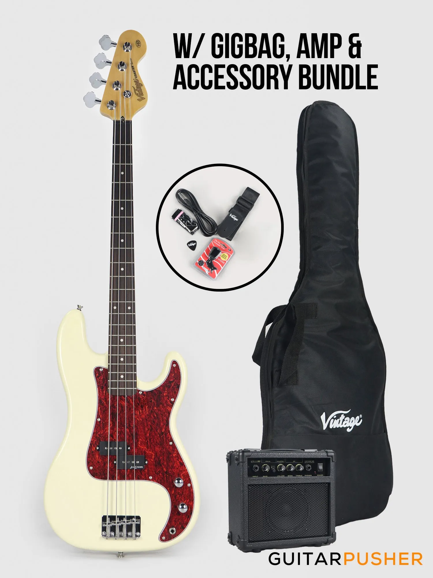 Vintage Coaster Series V40 4-String PB Bass w/ Kinsman 10-Watt Bass Amplifier, Gig Bag, & Accessories - Vintage White