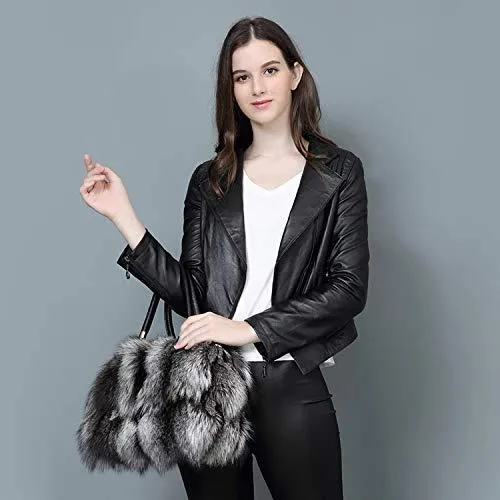 Women's Winter Fur Bag Silver Fox Handbag Leather Ladies Shoulder Bag