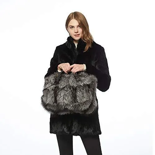 Women's Winter Fur Bag Silver Fox Handbag Leather Ladies Shoulder Bag