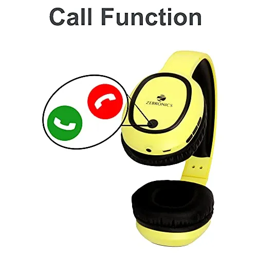 ZEBRONICS Thunder Bluetooth Wireless On Ear Headphone FM, mSD, 60hrs Playback with Mic (Neon Yellow)