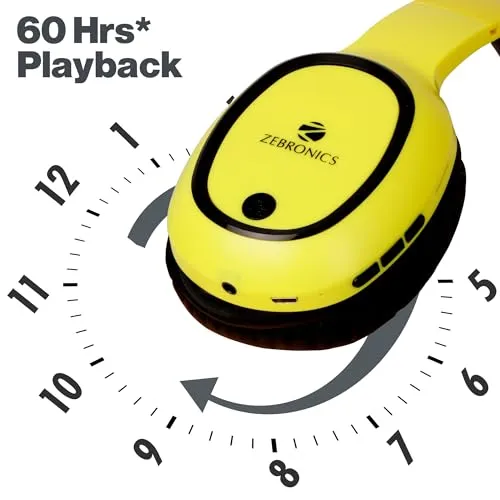 ZEBRONICS Thunder Bluetooth Wireless On Ear Headphone FM, mSD, 60hrs Playback with Mic (Neon Yellow)